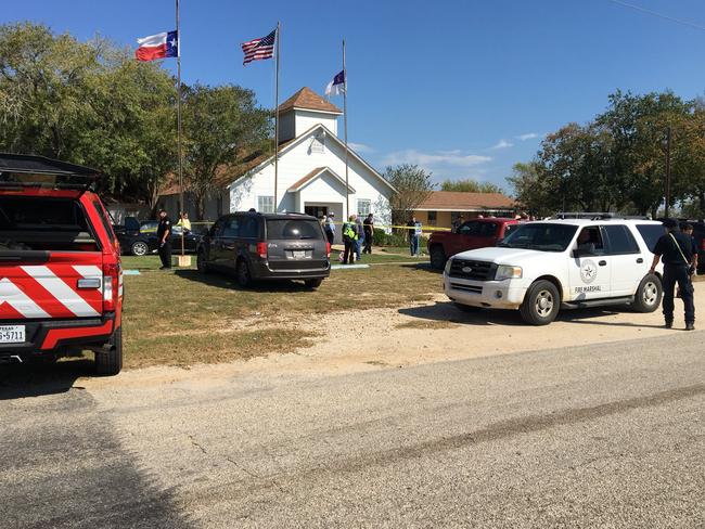 The scene outside First Baptist Church of Sutherland Springs, near San Antonio, Texas, where a mass