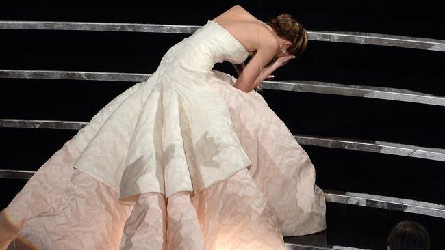 J-Law takes a tumble. Picture: Getty