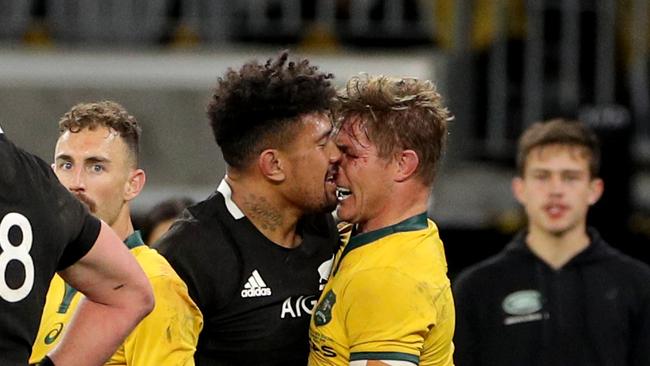 Michael Hooper (right) and Ardie Savea come together in Perth. Picture: AAP Image/Richard Wainwright