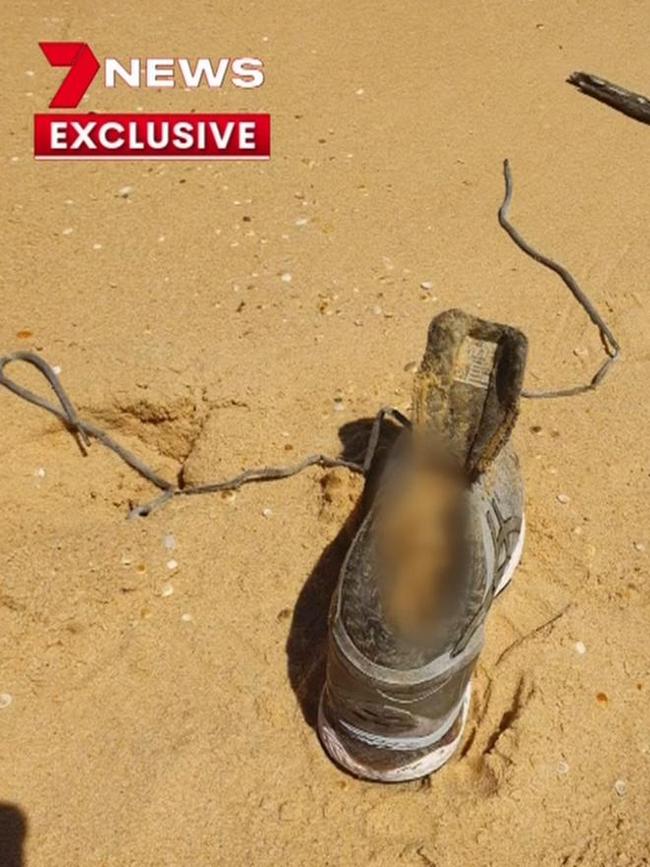 The shoe containing Caddick’s foot which was discovered on February 21. Picture: 7 News