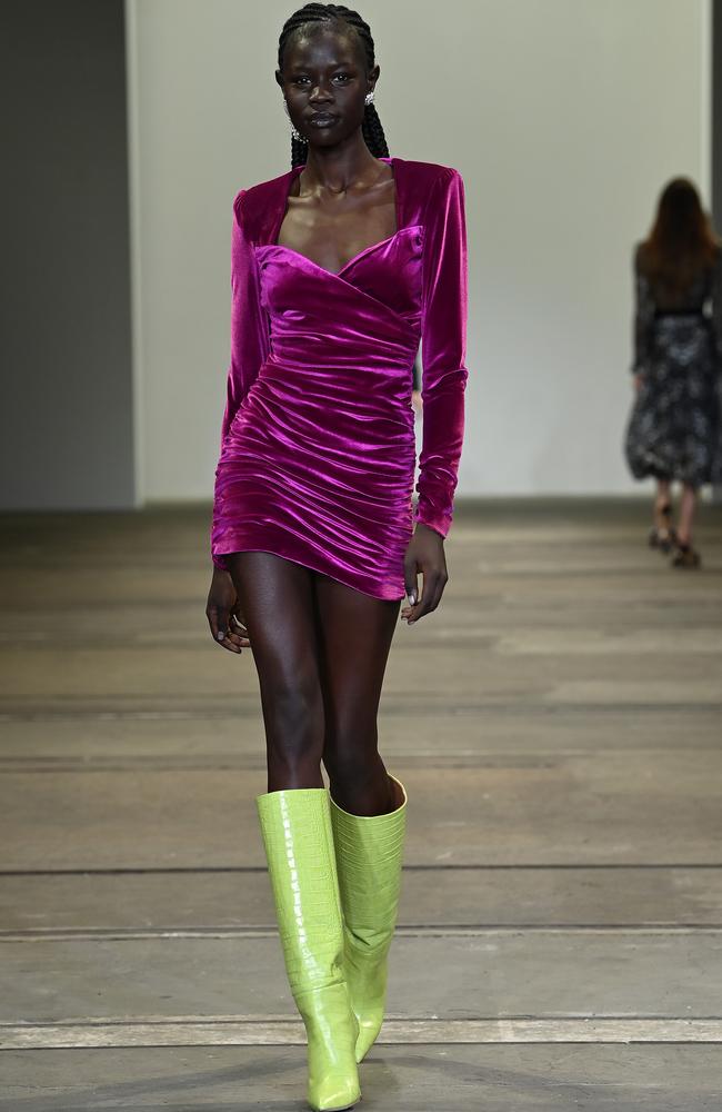 Purple reign! A model on Rebecca Vallance’s runway at Fashion Week. Picture: Getty Images