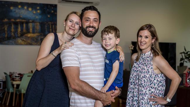 Heart attack survivor Stephen Gargano joined by his wife and Michela Barisonzi, son William, three, and good Samaritan Sarah Hopkins. Picture: Jake Nowakowski