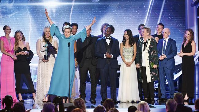 On stage with her castmates for Three Billboards Outside Ebbing, Missouri as they accept the Outstanding Performance by a Cast in a Motion Picture award at the SAG Awards. (Pic: Kevin Winter/Getty Images)