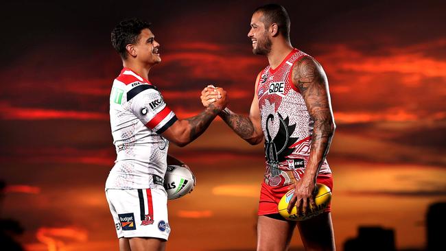 NRL Rooster’s star Latrell Mitchell and AFL Swans star Buddy Franklin come together for the indigenous round. Picture. Phil Hillyard