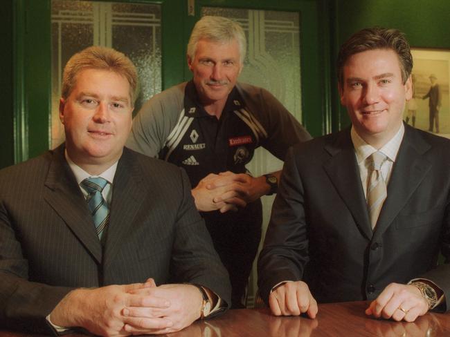 Greg Swann (CEO), Michael Malthouse (coach) and Eddie McGuire (president) in the boardroom of the Collingwood Football Club in 2002.