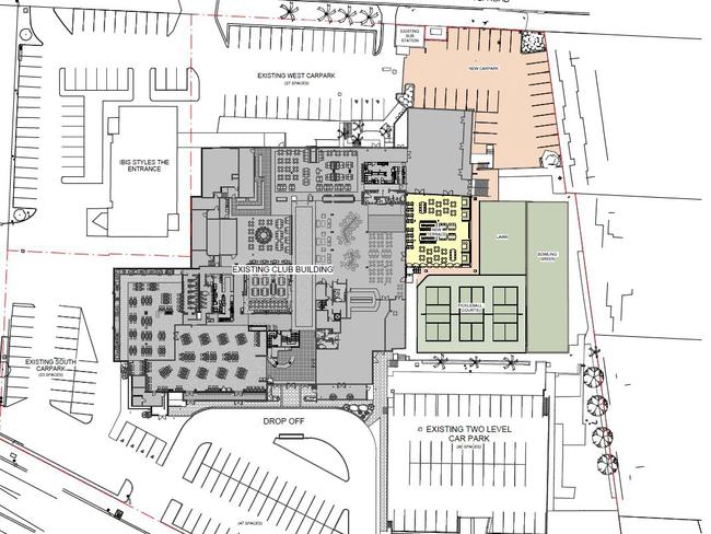 The plans include an outdoor terrace (pictured in yellow), new pickleball courts and a replaced bowling green (in green), along with a new carpark and pedestrian link (in pale orange). Image: Supplied