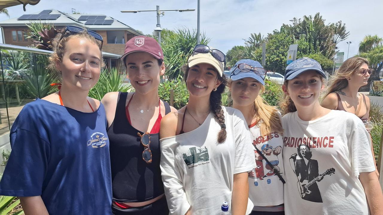 Sophie Ryan, 17, Scarlet Charra, 18, Yasmin Towns, 18, Greta Rowe, 18, and Sophie Loffel, 18, at Byron Bay Schoolies celebrations on November 28, 2024. Picture: Sam Stolz.