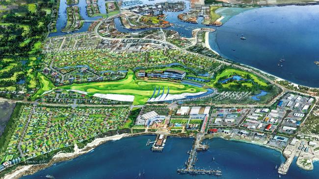 Artist's impression of the Greg Norman-designed shark-shaped golf course, wharf revamp, hotel, commercial centre and industrial precinct. 