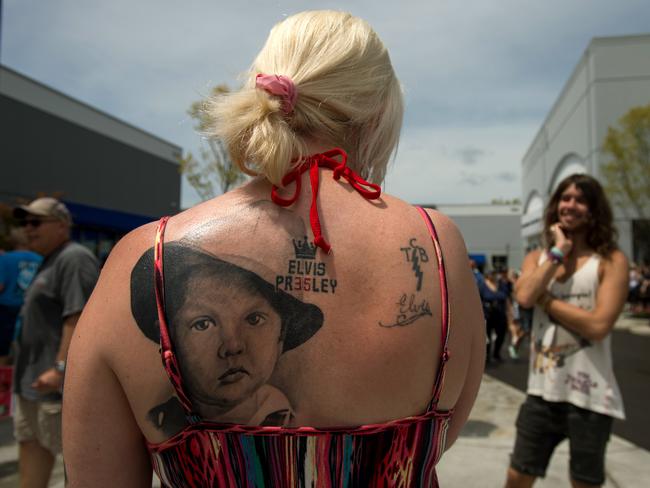 Sonya Man sports a tattoo of a young Elvis Presley. Sonya travelled from her home in London to be married at Graceland on August 14, two days before The King’s death anniversary Picture: AP