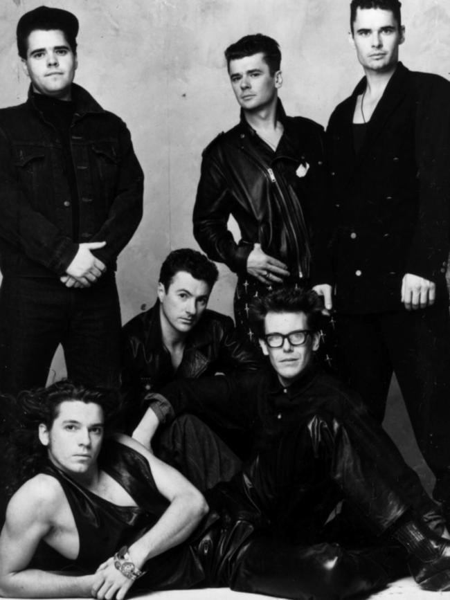 Andrew Farriss, Michael Hutchence, Garry Beers, Tim Farriss, Kirk Pengilly and Jon Farriss of INXS.