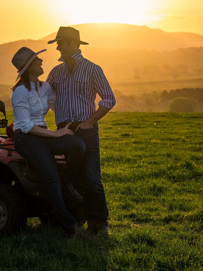 Stephanie Trethewey with her husband Sam Trethewey on their farm near Deloraine in Tasmania's north. Picture: Supplied