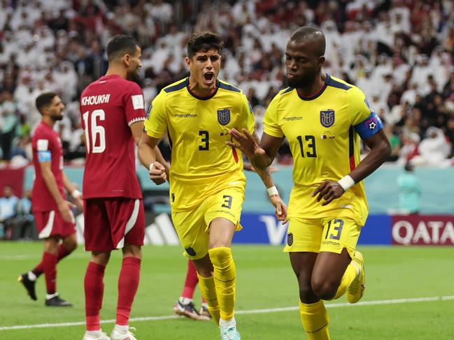 AL KHOR, QATAR - NOVEMBER 20: Enner Valencia of Ecuador celebrates after scoring a goal which was later disallowed by the Video Assistant Referee during the FIFA World Cup Qatar 2022 Group A match between Qatar and Ecuador at Al Bayt Stadium on November 20, 2022 in Al Khor, Qatar. (Photo by Lars Baron/Getty Images)