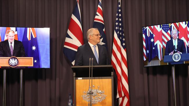 Scott Morrison spoke with the President of the United States Joe Biden and the Prime Minister of the United Kingdom Boris Johnson when they announced the creation of an enhanced trilateral security partnership called AUKUS alliance the United Kingdom, and the United States, via video conference, in Parliament House Canberra in September 2021. Picture: Newswire/Gary Ramage