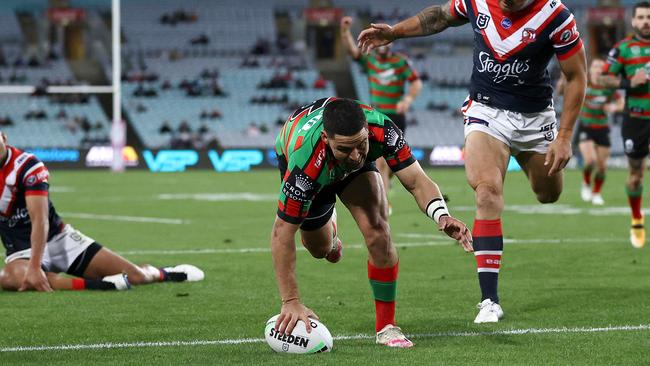 Cody Walker, here scoring against the Roosters, has been the spark behind the Rabbitohs’ attack. Picture: Cameron Spencer/Getty Images