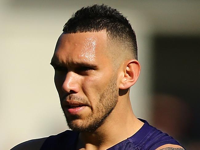 PERTH, AUSTRALIA - AUGUST 20: Harley Bennell of the Dockers celebrates a goal during the round 22 AFL match between the Fremantle Dockers and the Richmond Tigers at Domain Stadium on August 20, 2017 in Perth, Australia.  (Photo by Paul Kane/Getty Images)