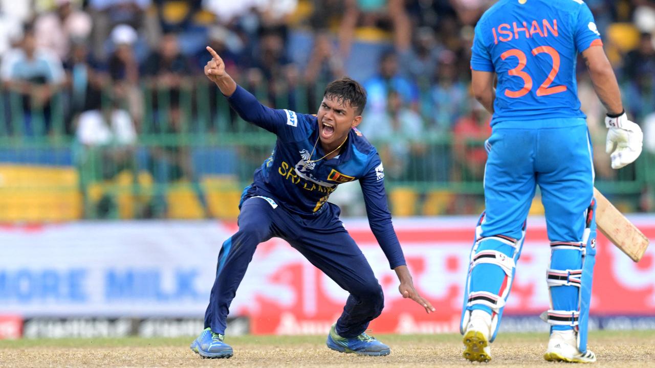 Sri Lanka's Dunith Wellalage appeals for leg before wicket. Photo by FAROOQ NAEEM / AFP