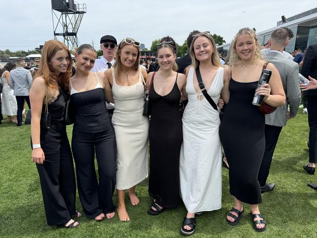 Ella Dytor, Olivia Incoll, Daisy Richardson, Lily Hart, Grace Simpson and Ness Bateman at Flemington for Derby Day on November 2, 2024. Picture: Phillippa Butt