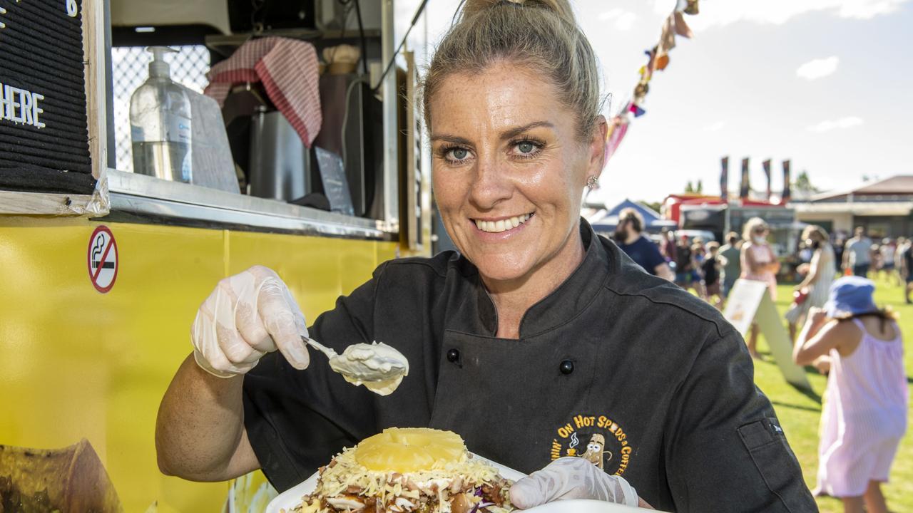 Leisa Wilson from Runnin' on hot spuds and coffee at the Toowoomba Street Food Festival at Pittsworth. Saturday, January 29, 2022. Picture: Nev Madsen.