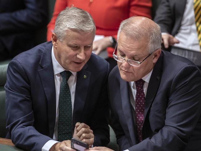 Prime Minister Scott Morrison with Deputy Prime Minister Michael McCormack during Question Time in the House of Representatives in Parliament House in Canberra. Picture Gary Ramage