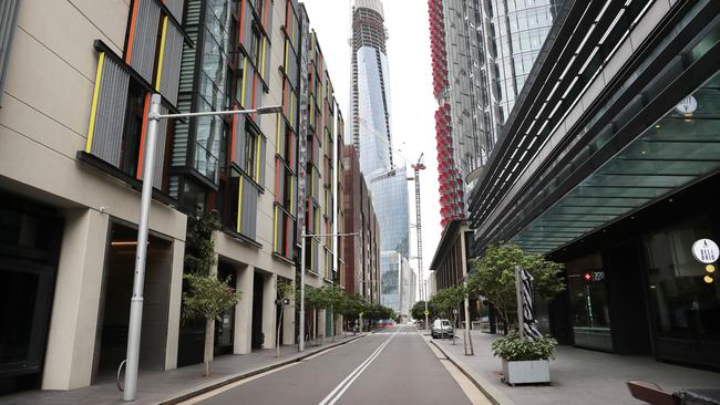 The usually busy roads in Barangaroo during the pandemic were near empty. Picture: Richard Dobson