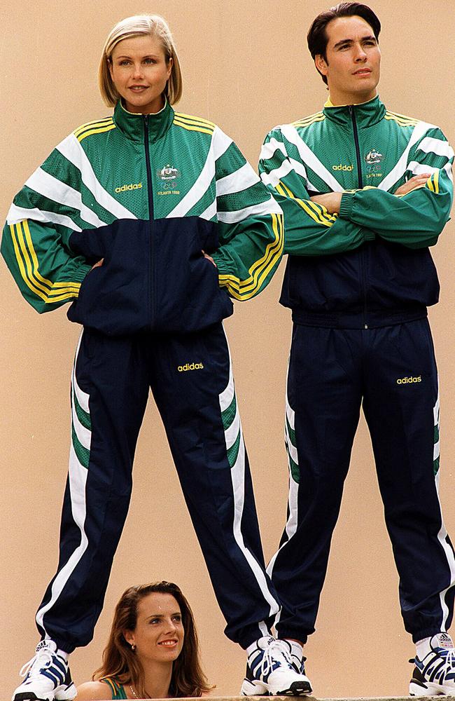 Julie Moses and Blair Puata pose with heptathlete Jane Jamieson at the official uniform for the 1996 Atlanta Olympics. Picture: Jeff Darmanin