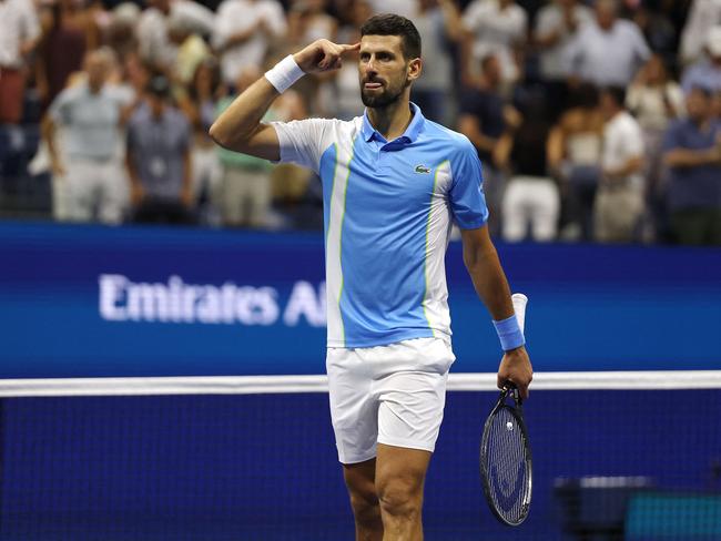 Novak Djokovic celebrates his victory against Ben Shelton at the 2023 US Open. Picture: Al Bello/Getty Images via AFP