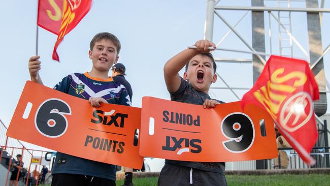 Enzo Pilkington and Jett West at the Gold Coast Suns vs Geelong Cats Round 10 AFL match at TIO Stadium. Picture: Pema Tamang Pakhrin