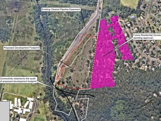 Two large sites (in purple and white outline) behind Wyong Christian Community School (bottle left) off Alison Rd at Wyong have subdivision plans to create more than 110 residential lots. Picture: supplied