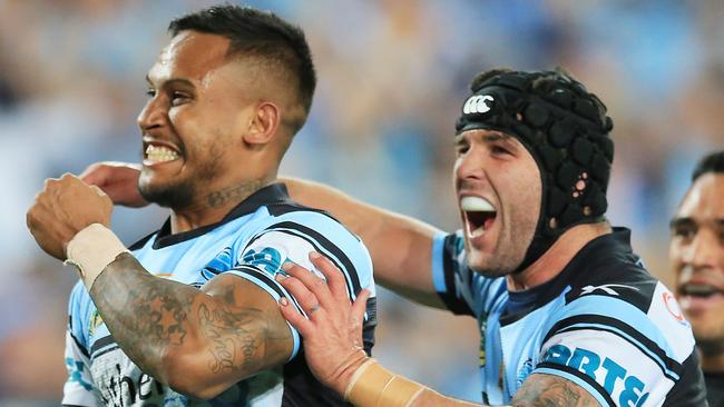 Ben Barba of the Sharks celebrates a try during the Cronulla Sharks v Melbourne Storm NRL Grand Final at ANZ Stadium, Sydney Olympic Park, pic Mark Evans