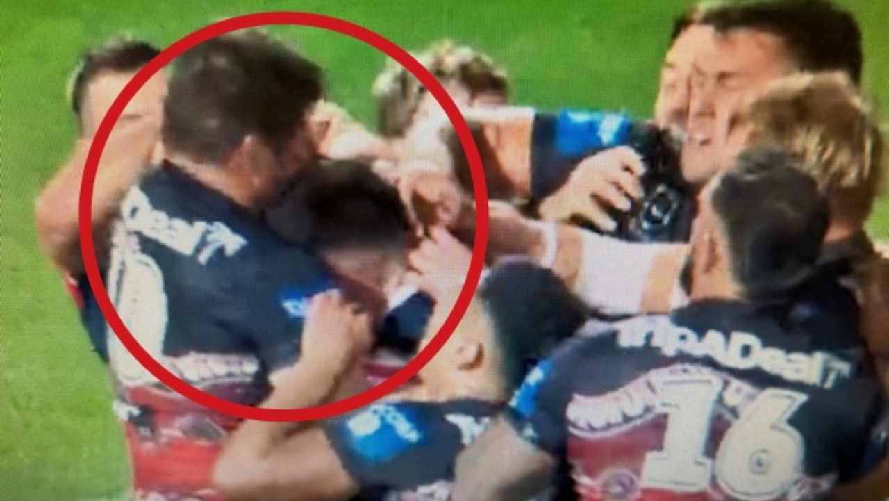 Victor Radley in the middle of a melee that saw him put on report for an alleged headbutt. Picture: Fox League.