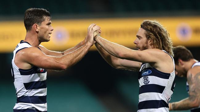 Geelong's Tom Hawkins and Cam Guthrie have been pivotal to the side this season. Picture: Phil Hillyard