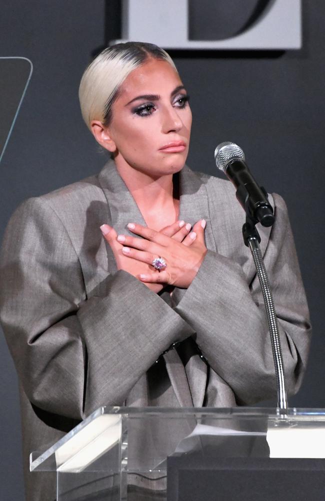 Gaga at times struggled to hold back tears during the speech. Picture: Getty