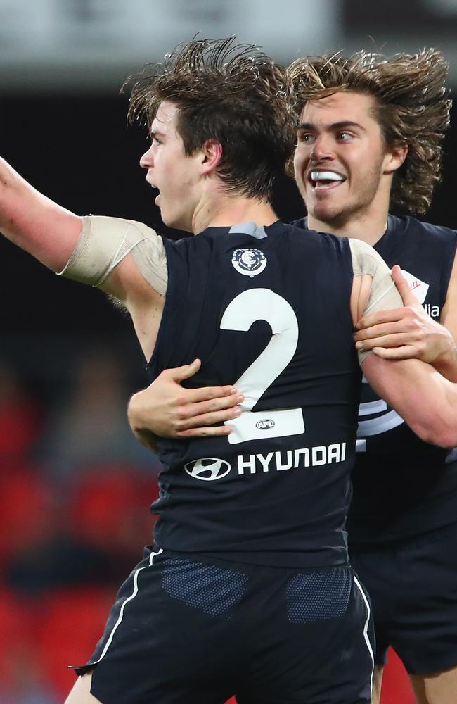 No. 3 draft pick Paddy Dow celebrates a goal during Carlton’s win. Picture: AFL media.