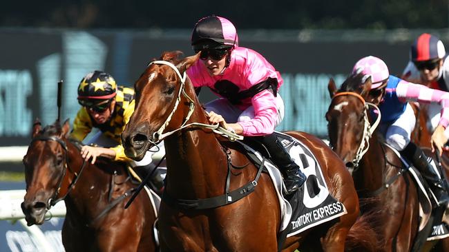 SYDNEY, AUSTRALIA - APRIL 13: Zac Lloyd riding Territory Express wins Race 3 Polytrack Provincial-Midway Championship Final during Sydney Racing: The Championships at Royal Randwick Racecourse on April 13, 2024 in Sydney, Australia. (Photo by Jeremy Ng/Getty Images)