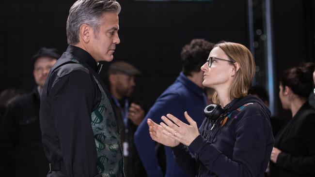 Jodie Foster with her leading man George Clooney on the Money Monster set. Pic: Sony Pictures