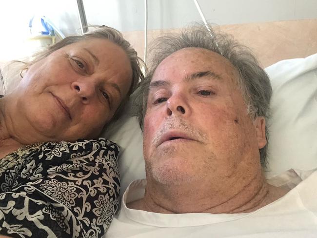 Steve Morris in hospital with his wife Stacey