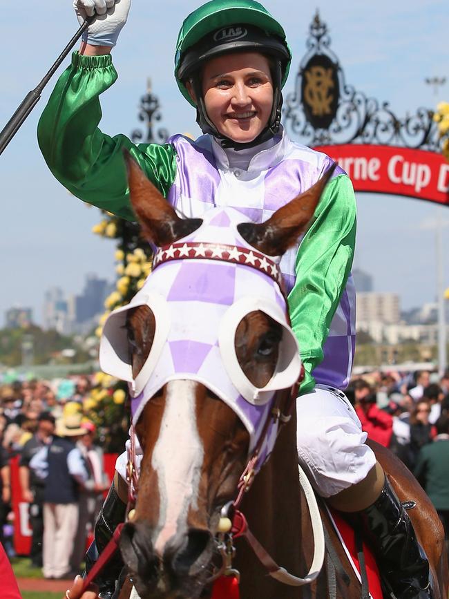 Michelle Payne wins the 2015 Melbourne Cup on Prince Of Penzance. Picture: Getty Images
