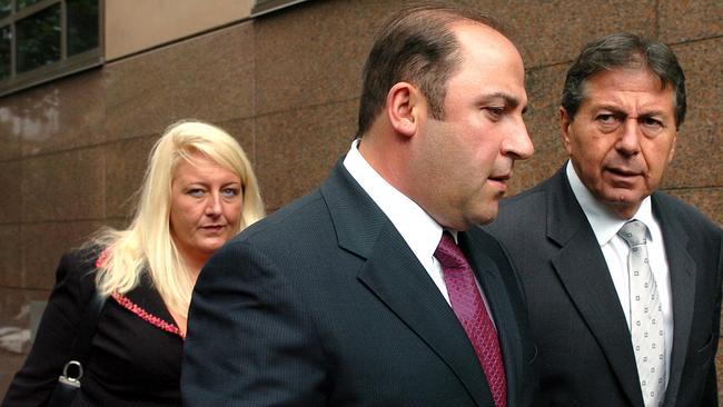 Gangland boss Tony Mokbel with his legal team, Nicola Gobbo (left) and Con Heliotis, QC, outside Melbourne Magistrates’ Court.