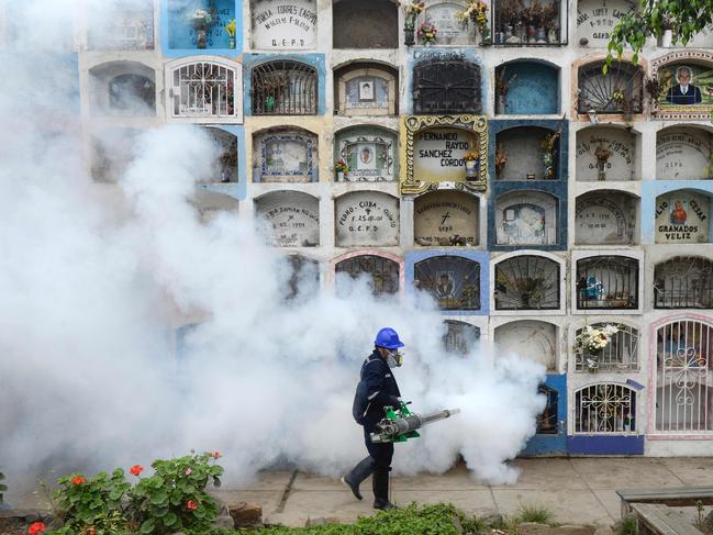 AFP PICTURES OF THE YEAR 2016 A specialist fumigates the Nueva Esperanza graveyard in the outskirts of Lima on January 15, 2016. Health officials fumigated the largest cementery in Peru and second largest in the world to prevent Chikunguya and Zika virus, which affect several South American countries. Photo: ERNESTO BENAVIDES / AFP PHOTO / ERNESTO BENAVIDES