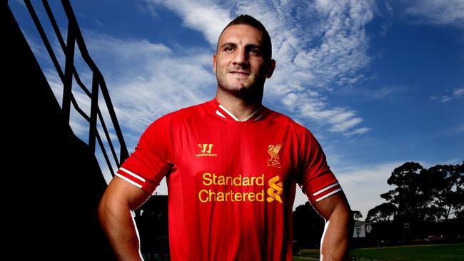 Robbie Farah in his Liverpool jersey after talking about his love for the team . A Liverpool legends team is headed out here in January 2016 .Picture Gregg Porteous