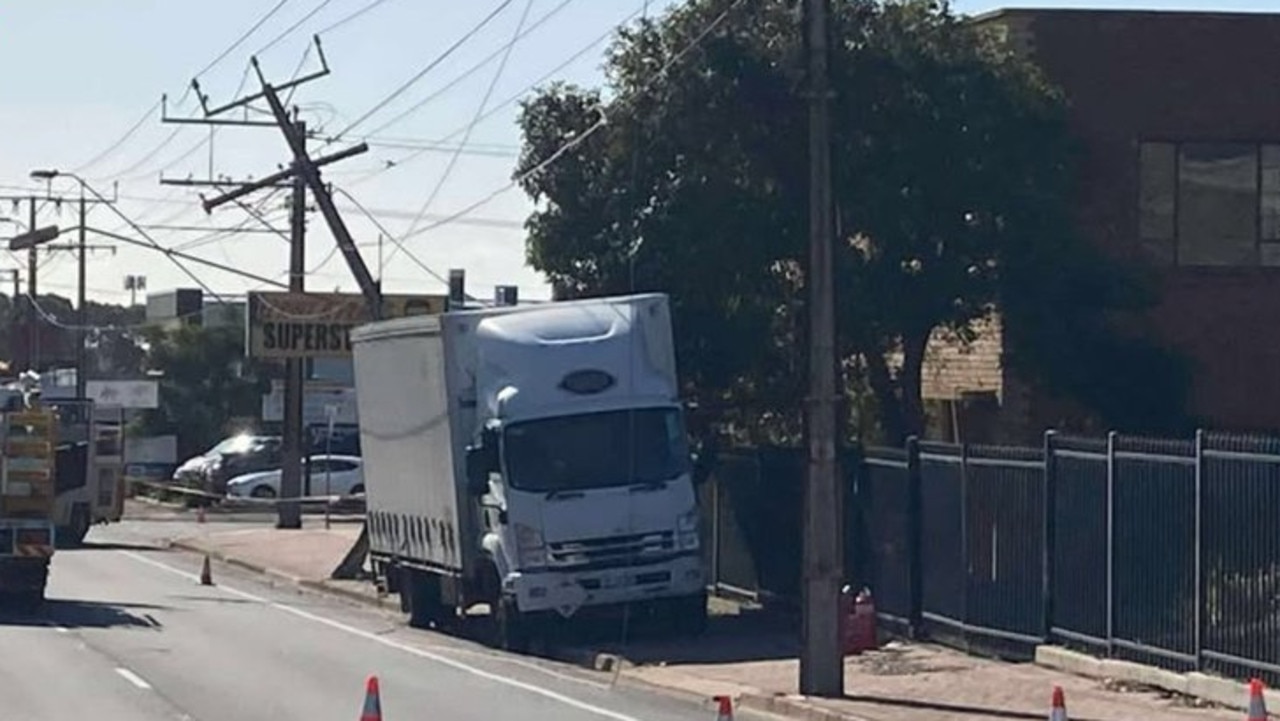 A truck has slammed into a Stobie pole on South Rd at St Marys, causing traffic delays. Picture: 7NEWS Adelaide