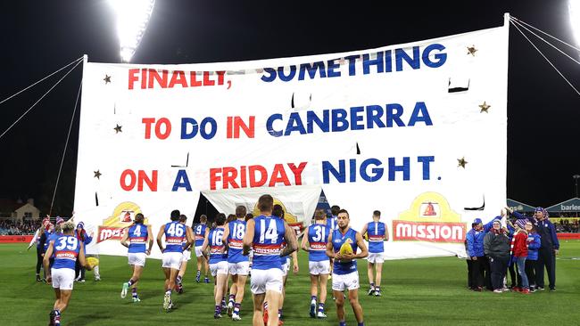 The Bulldogs’ banner from the game against GWS at UNSW Canberra Oval in April. Picture: Ryan Pierse/AAP