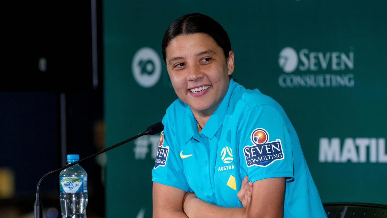 Sam Kerr is all smiles as she declares herself fit for Canada on Monday night. Picture: Richard Walker