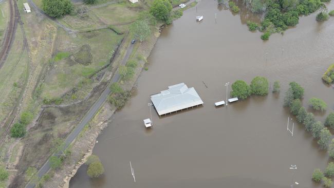 DEVILS HOME: Jack Stokes oval has gone under. 2013 aerial flood pictures of Gympie. Photo Craig Warhurst / The Gympie Times