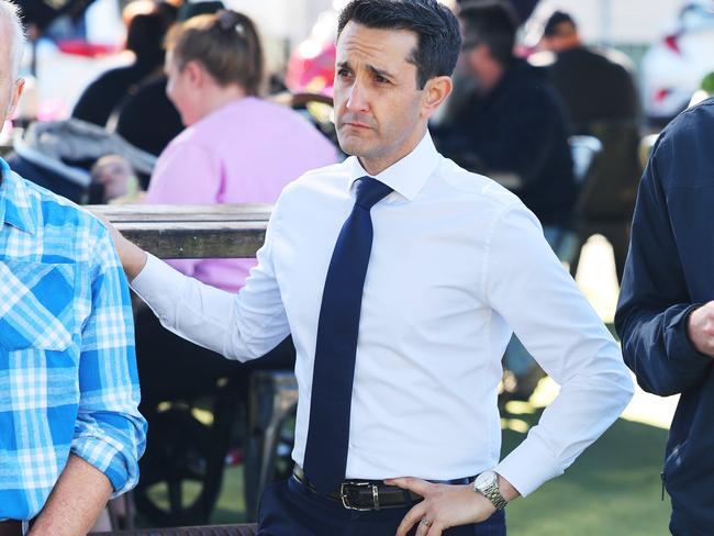 Leader of the Opposition David Crisafulli speaking with locals at Nerang on Thursday. Picture: Glenn Hampson.