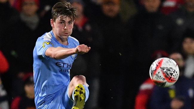 Connor Metcalfe of Melbourne City during the FFA Cup Round of 32 match between Campbelltown City and Melbourne City at Steve Woodcock Sports Centre in Adelaide. Wednesday, July 31, 2019. (AAP Image/David Mariuz) NO ARCHIVING, EDITORIAL USE ONLY