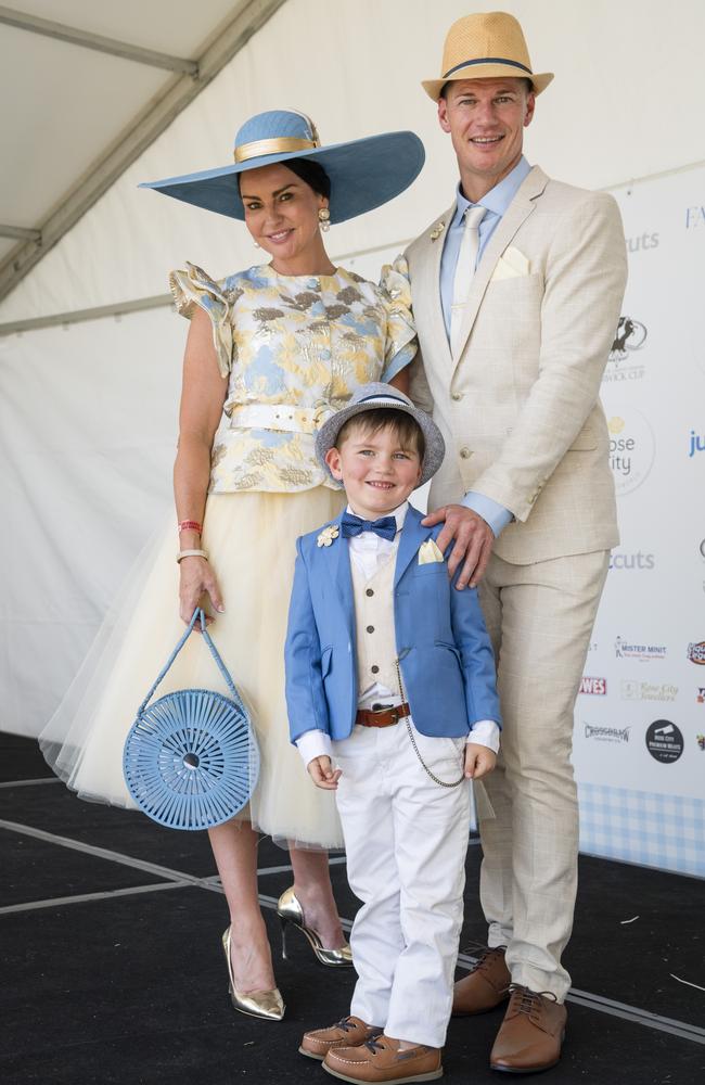 Fashions on the field winner Renee Zorko with husband Beau Zorko and son Zavier Zorko at Warwick Cup race day at Allman Park Racecourse, Saturday, October 14, 2023. Picture: Kevin Farmer