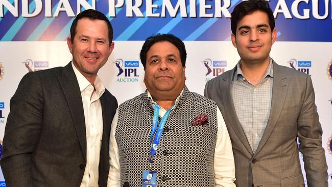 Delhi coach Ricky Ponting with IPL chairman Rajeev Shukla and Mumbai Indians co-owner Akash Ambani.