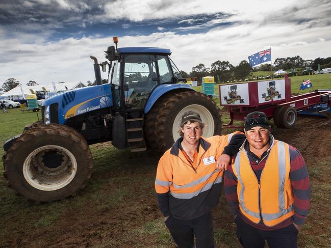 Jordan Perkins and Tim Cresswell prepare for the tractor pull at the Burnie Show. PICTURE: CHRIS KIDD