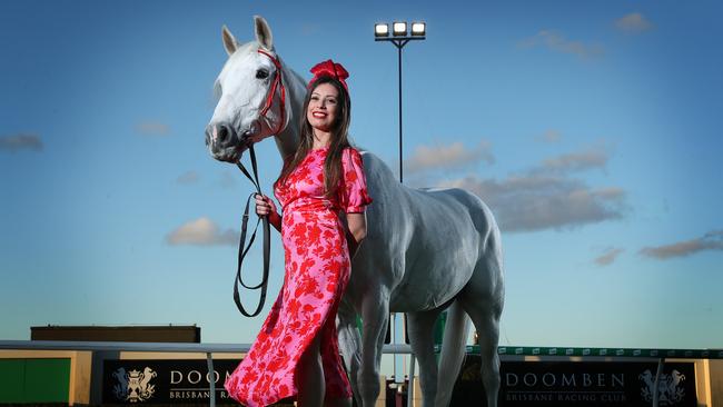 Luana Baqueta with horse Ghost at Doomben, where Racing Queensland hopes to develop night racing. Picture: Liam Kidston